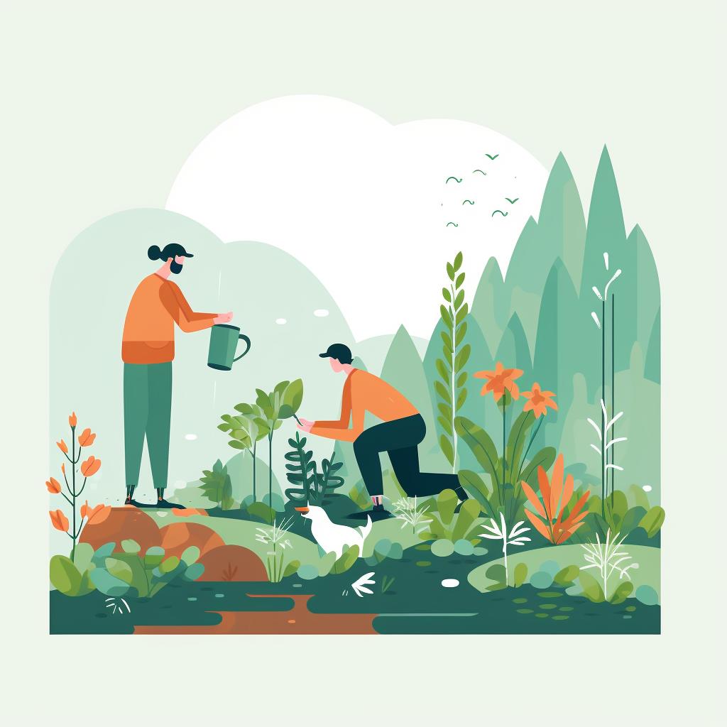 A gardener watering and inspecting companion-planted garden