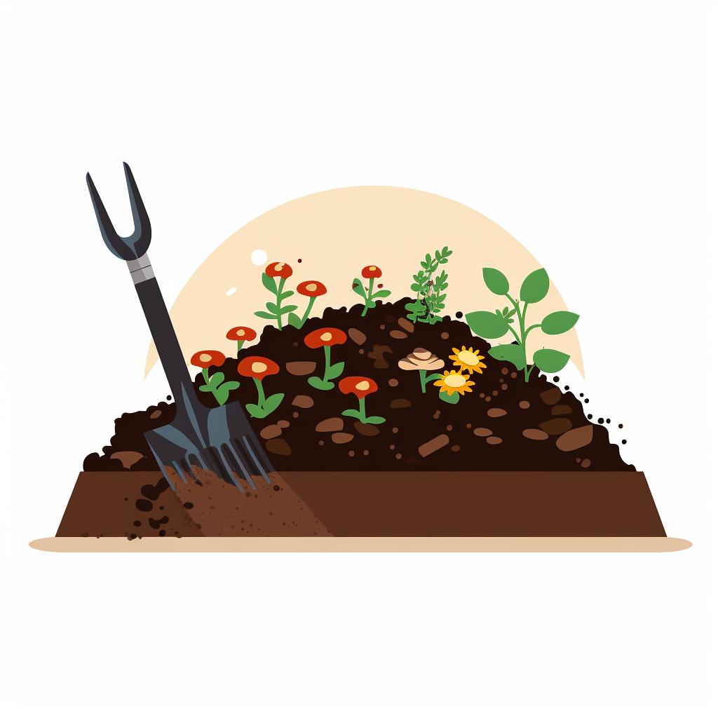 A garden bed being prepared with a fork and compost