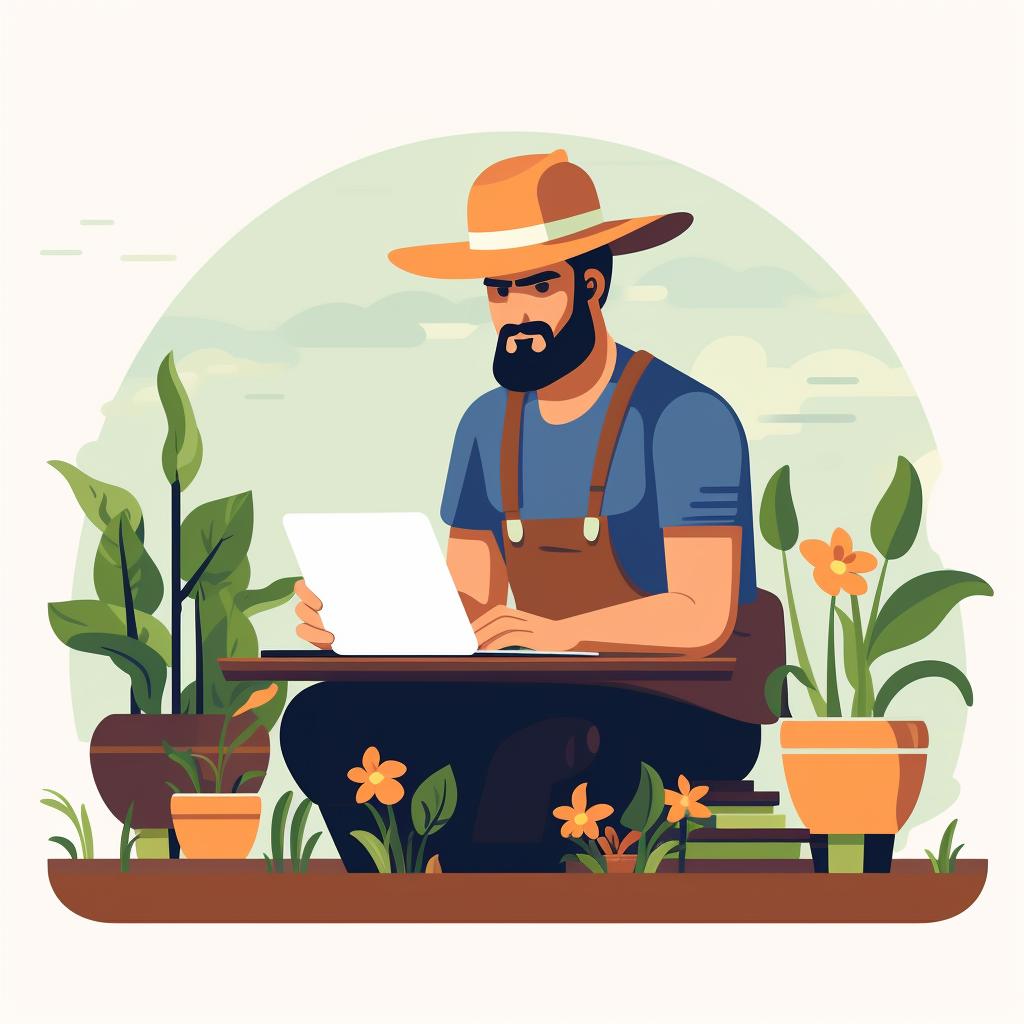 A gardener researching on a laptop with a notepad and a pen on the side.