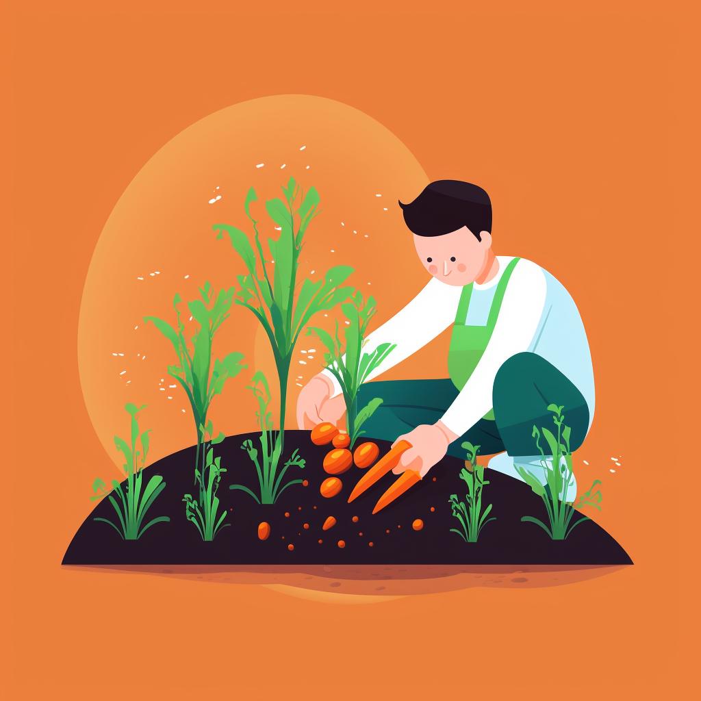 A gardener planting companion plants around young carrot sprouts