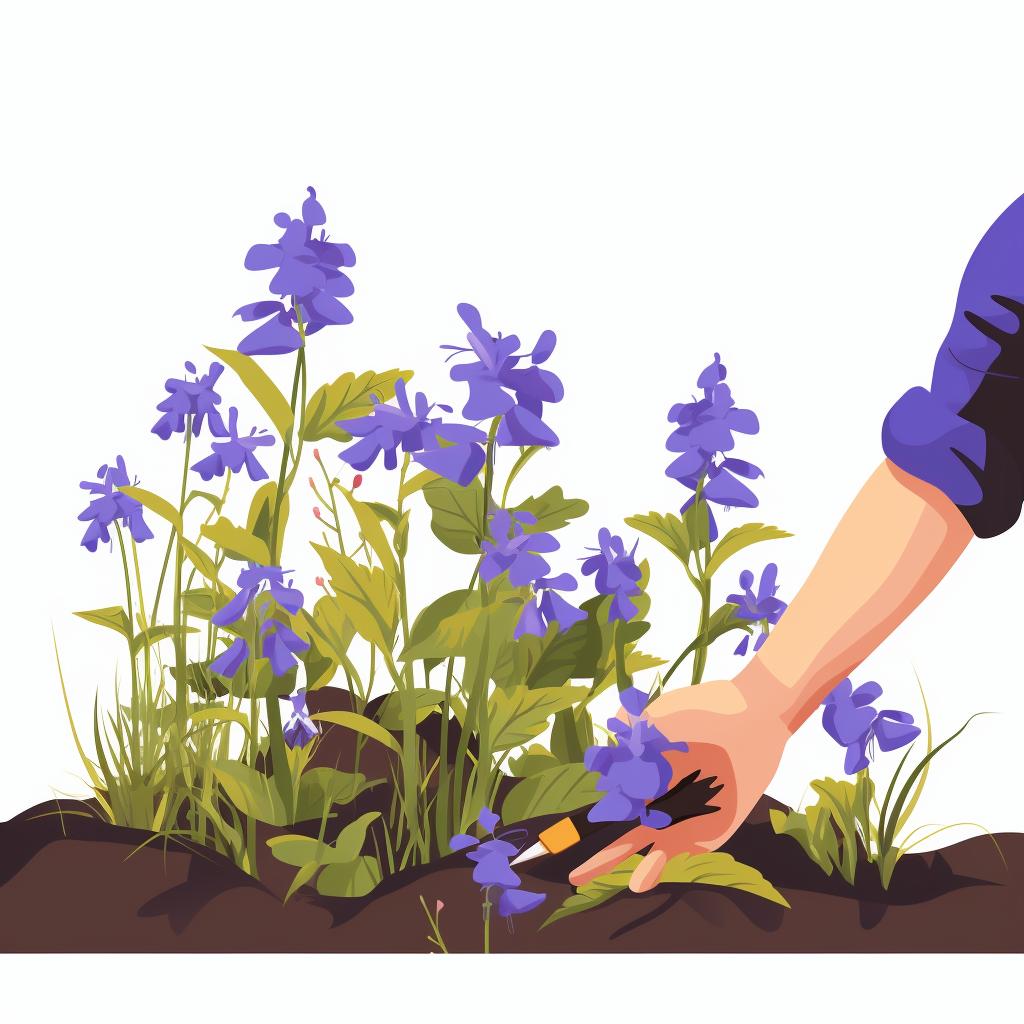 Hands weeding and pruning Bellflowers and companion plants