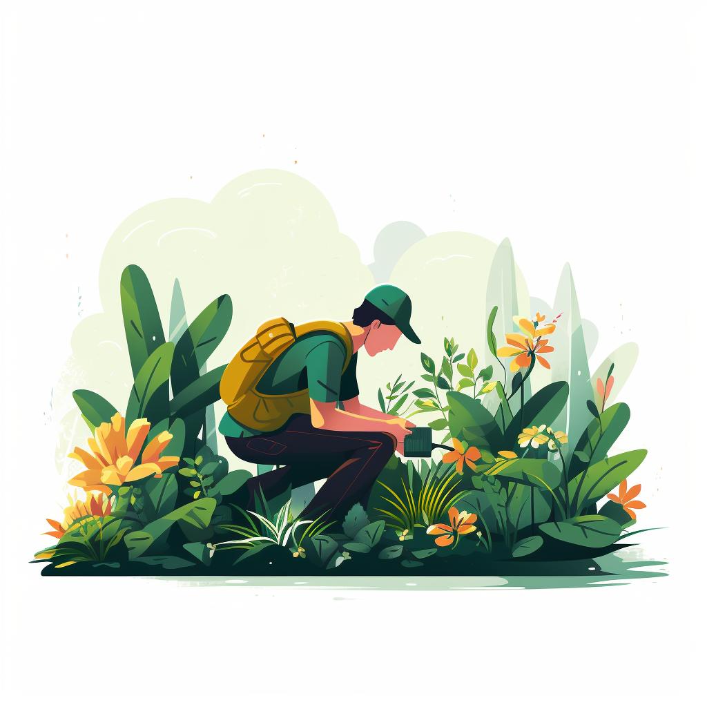 A gardener checking plants in a lush garden.