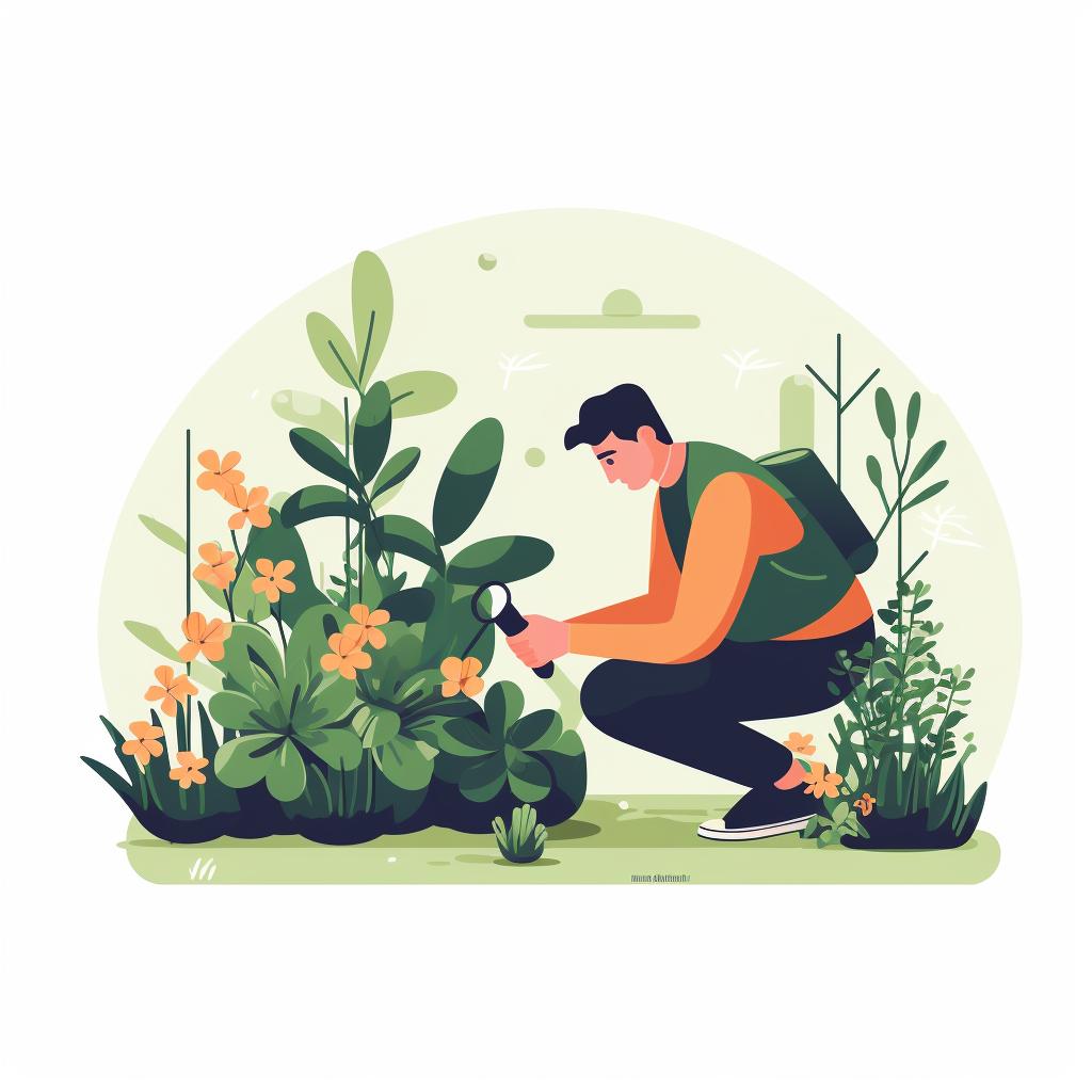 Person inspecting plants in a garden