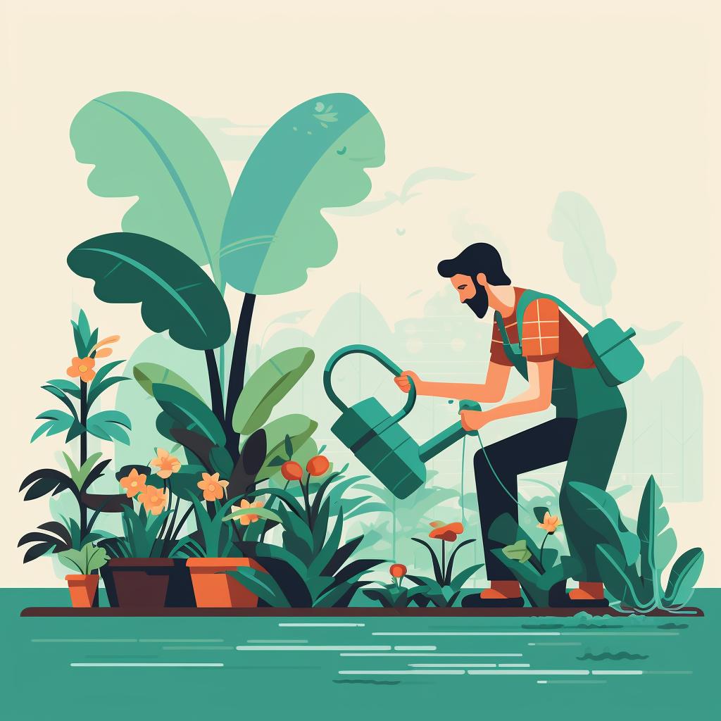 A gardener watering and checking plants in a garden