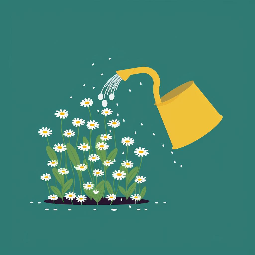 Watering can sprinkling water on chamomile seeds