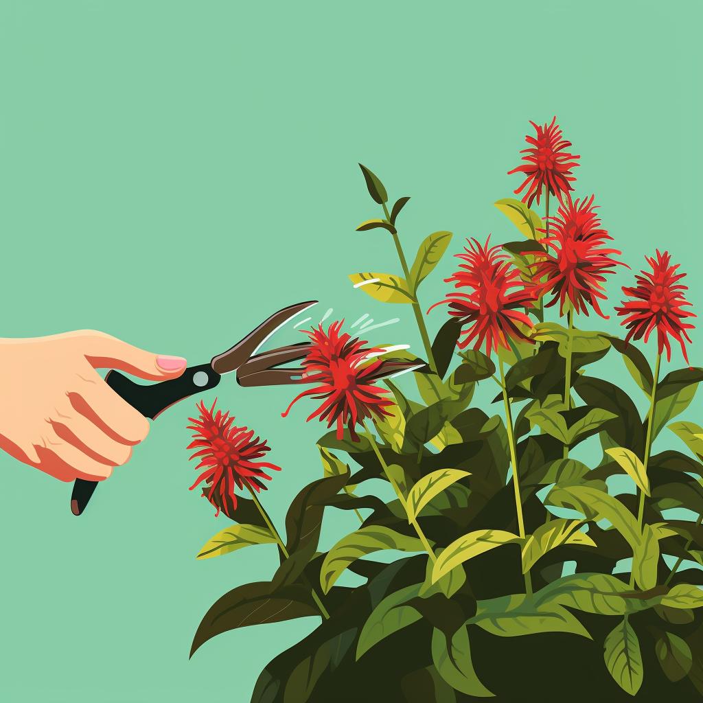 Hand with pruning shears trimming bee balm and companion plants