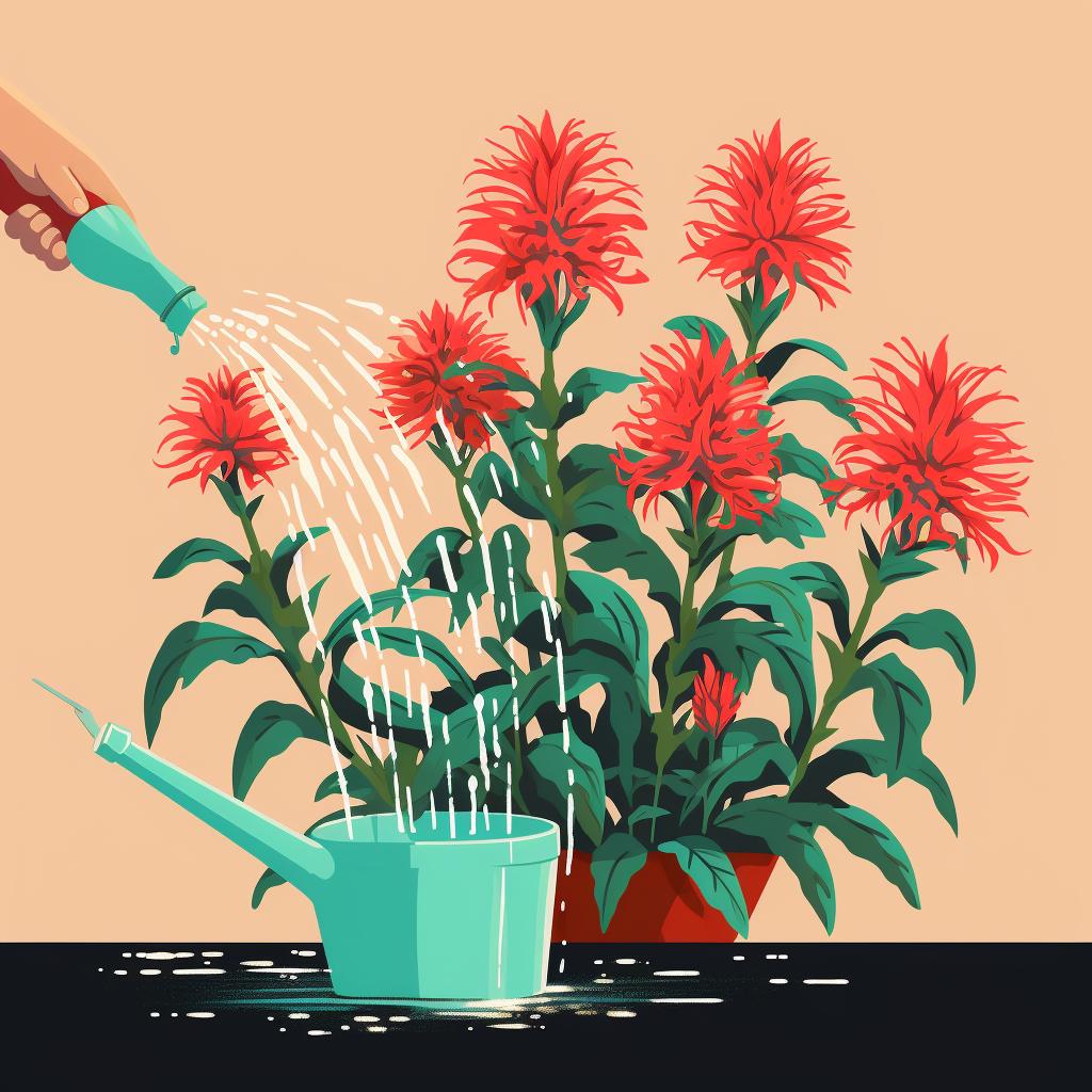 Watering a newly planted bee balm