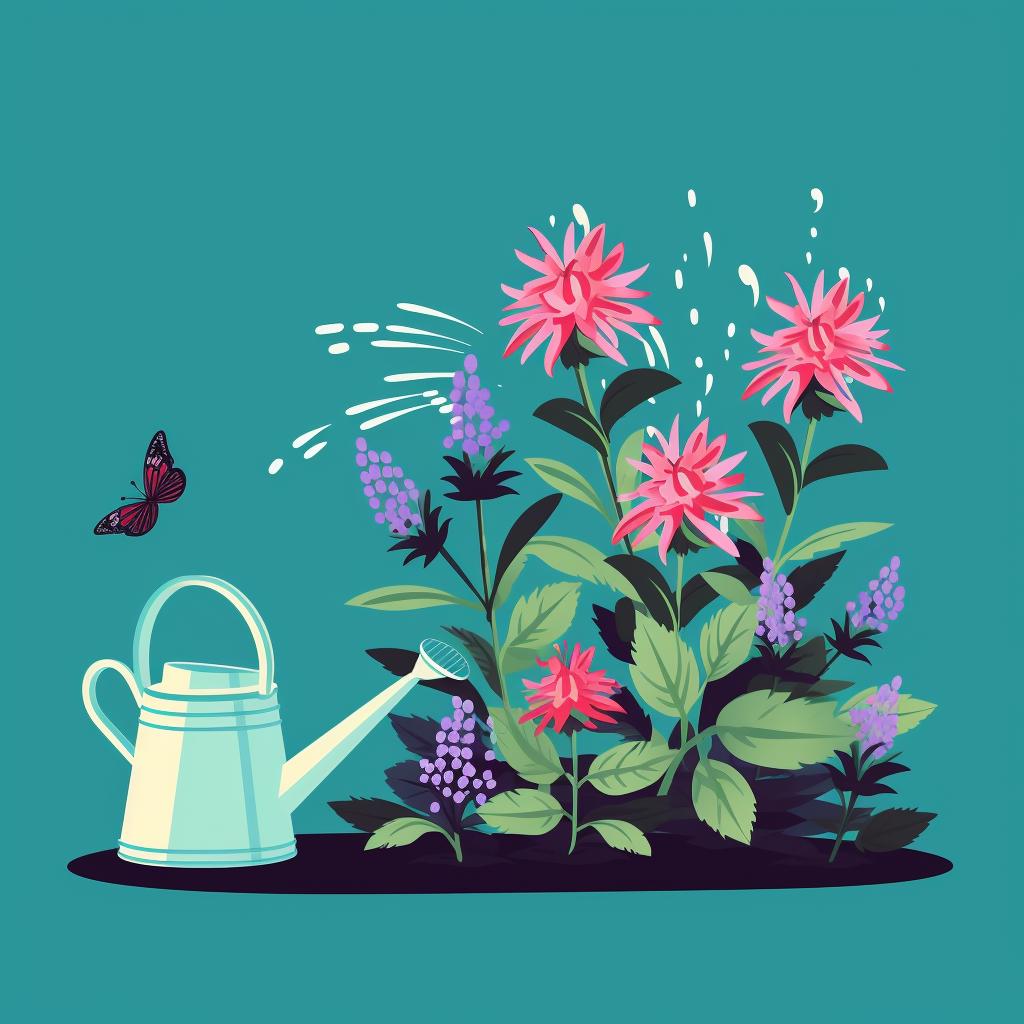Watering can pouring water on bee balm and companion plants